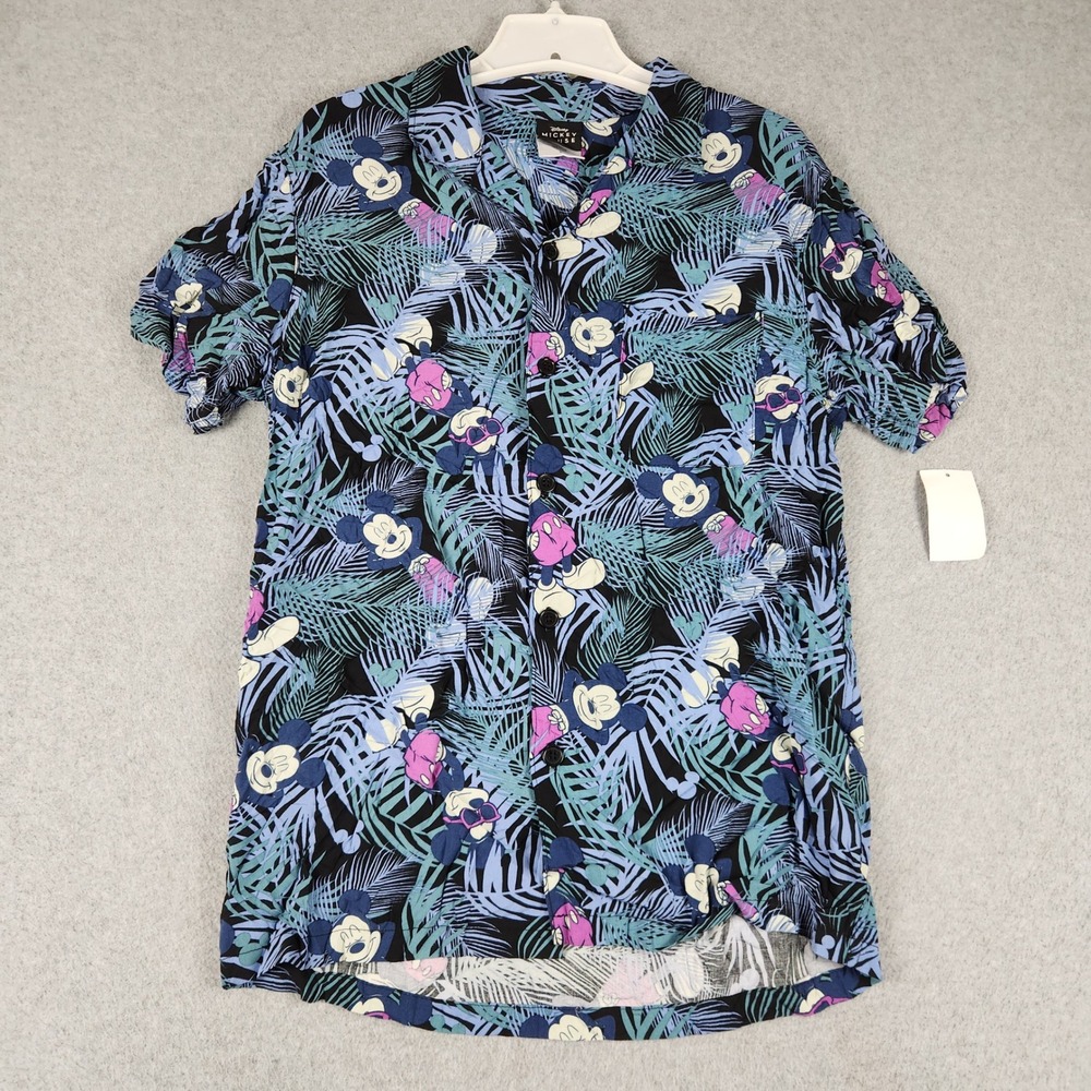 Disney Mickey Mouse Camp Shirt Mens Small Black Tropical Palm Rayon Button Up